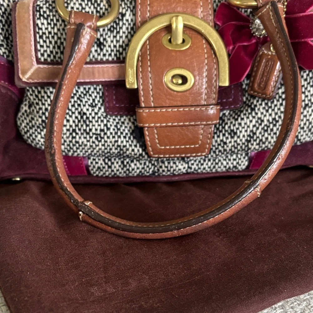 Coach Black-and-White Tweed Satchel with Brown Leather and Burgundy Accents - Picture 4 of 4